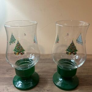 Set of Two Vintage Avon Christmas Traditions Glassware Hurricane Candle Lamps